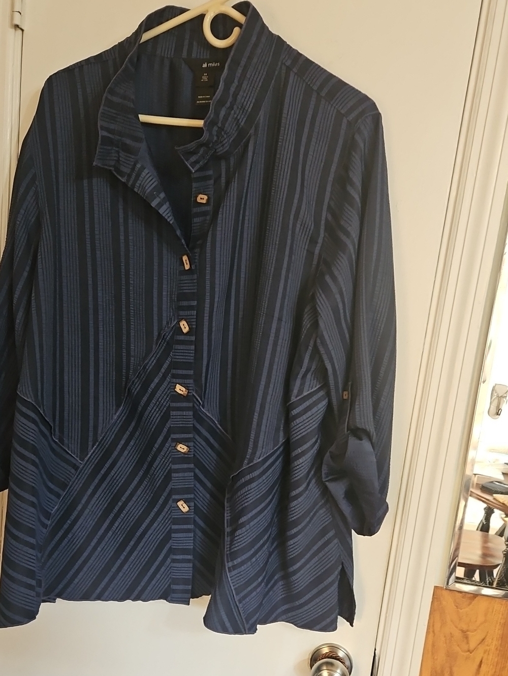 Ali Miles Navy and Dark Blue Striped Casual Button-Down Shirt